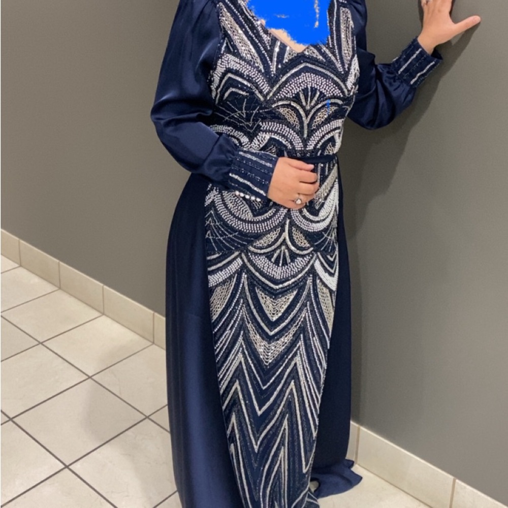 Chic Navy Patterned Long Sleeve Dress